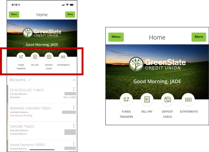 Screen shot example of Quick Links in mobile app