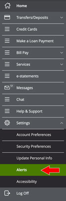 screen shot of online banking side menu with arrow pointing at alerts link underneath the settings cateogry