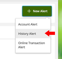 screen shot of new alert menu with arrow pointing at history alert