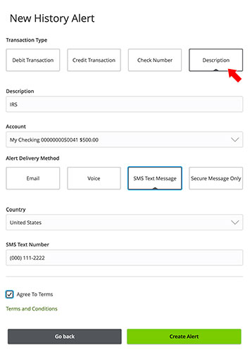 example of a new history alert based on a transactions description