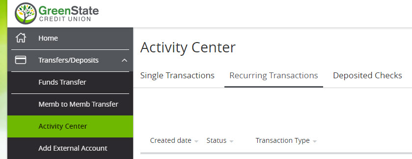 Screen shot of online banking navigation showing Activity Center underneath the Transfers and Deposits menu section