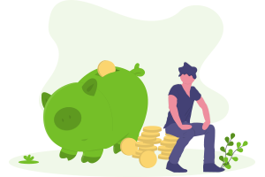 Cartoon man sitting next to piggy bank