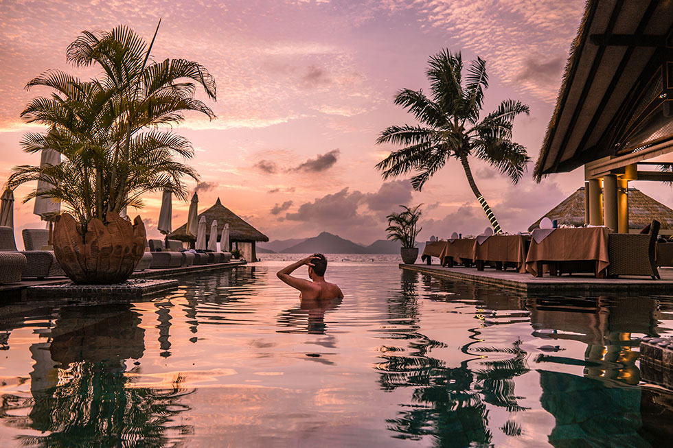 Tropical resort at sunset