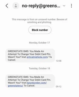 First example of fraud text messages