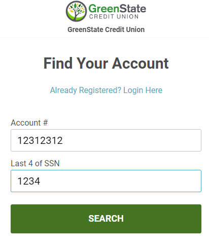 Enter your account number and last SSN, then click SEARCH.