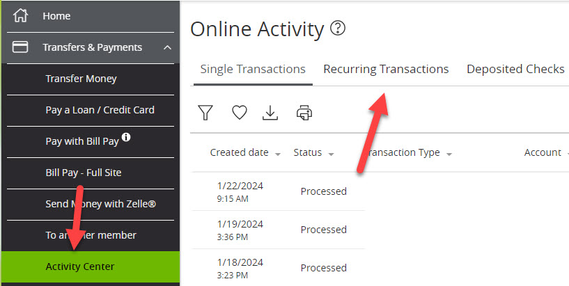 click on Transfers & Payments and select the Activity Center.