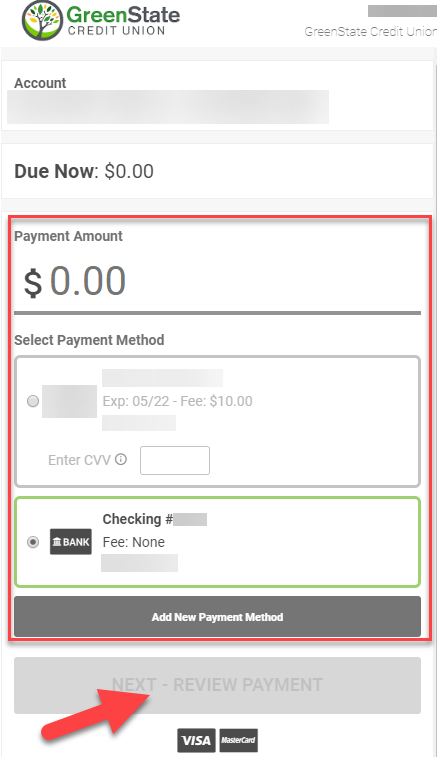 Enter the amount you'd like to pay, select the payment method, then select NEXT - REVIEW PAYMENT.